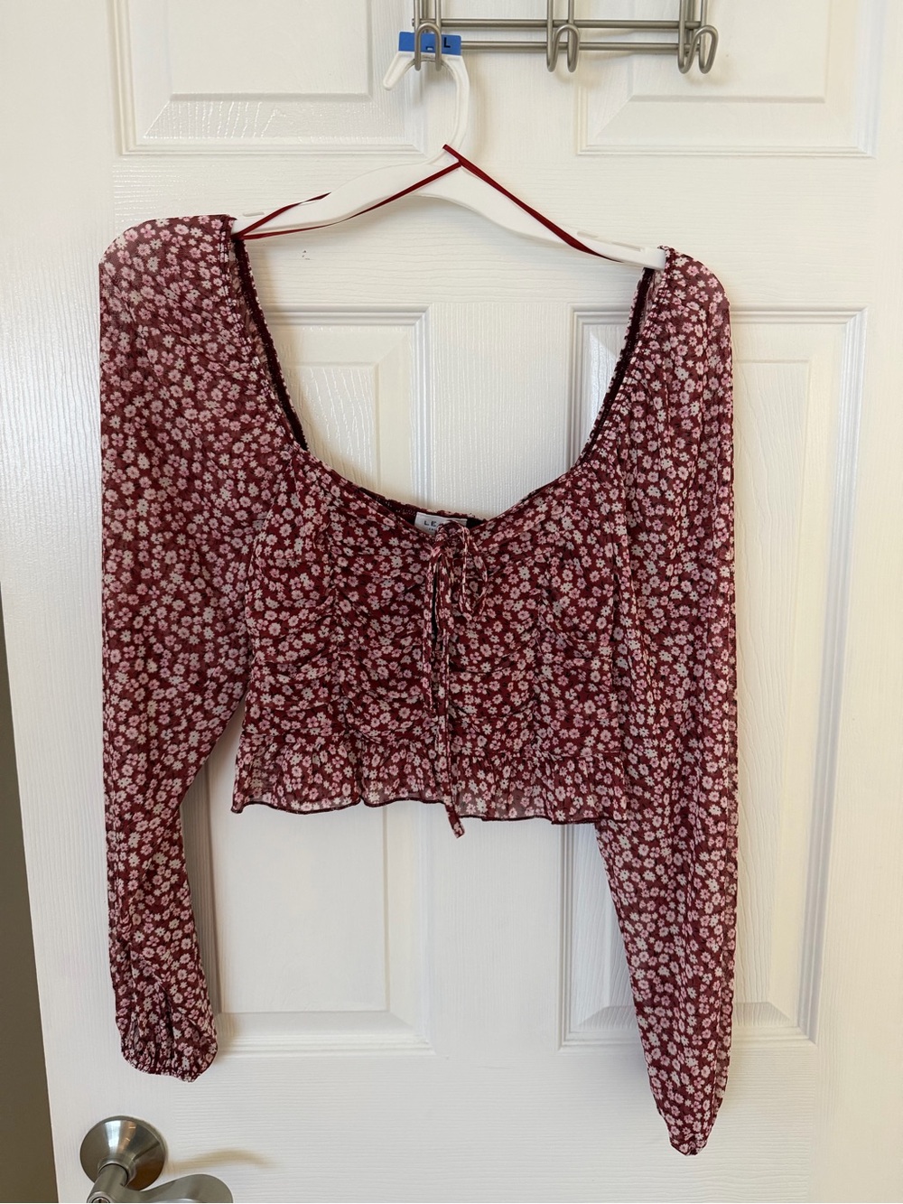 Le Lis Burgundy Floral Tie-Front Long Sleeve Crop Top